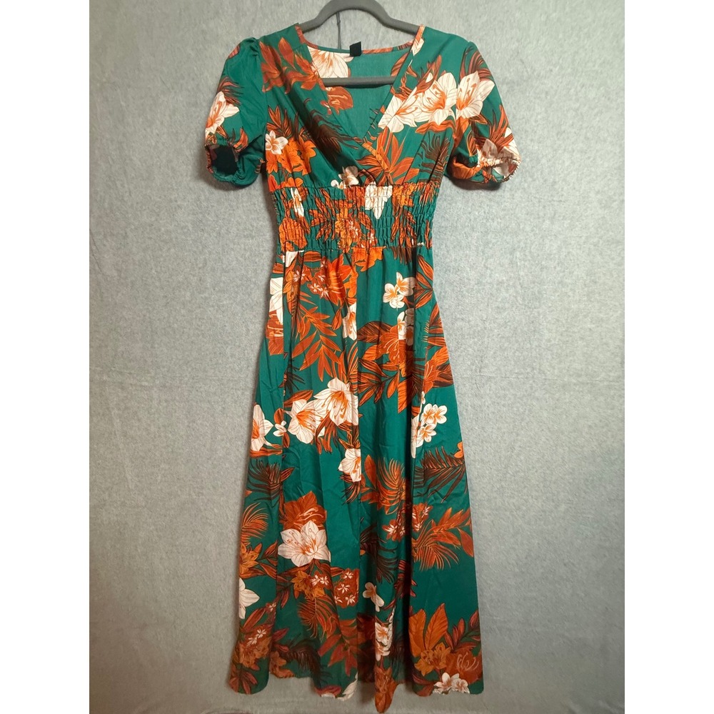 Dazign Green Floral Tropical Maxi Dress V-Neck Smocked Waist Short Sleeve S 4